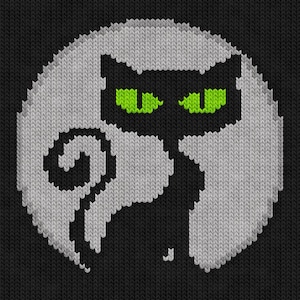 Puede incluir: Gato negro tejido con ojos verdes sobre un fondo de luna blanca.
