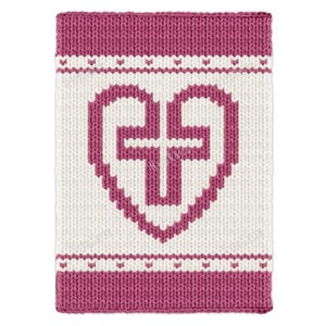 Puede incluir: Un artículo rectangular tejido con un diseño en forma de corazón y una cruz en el centro. El corazón y la cruz son de color rosa intenso, sobre un fondo blanco. Los bordes superior e inferior también son de color rosa intenso con un patrón repetitivo.