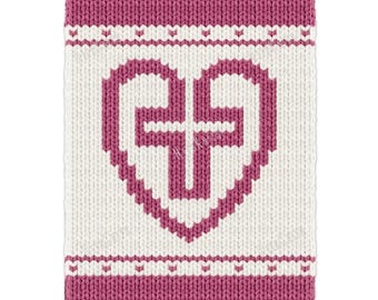 Christian Heart Cross Chunky Blanket - Hand Finger Knitting Pattern - Colorwork motif Knit Kids afghan Bulky Jumbo 7 yarn throw