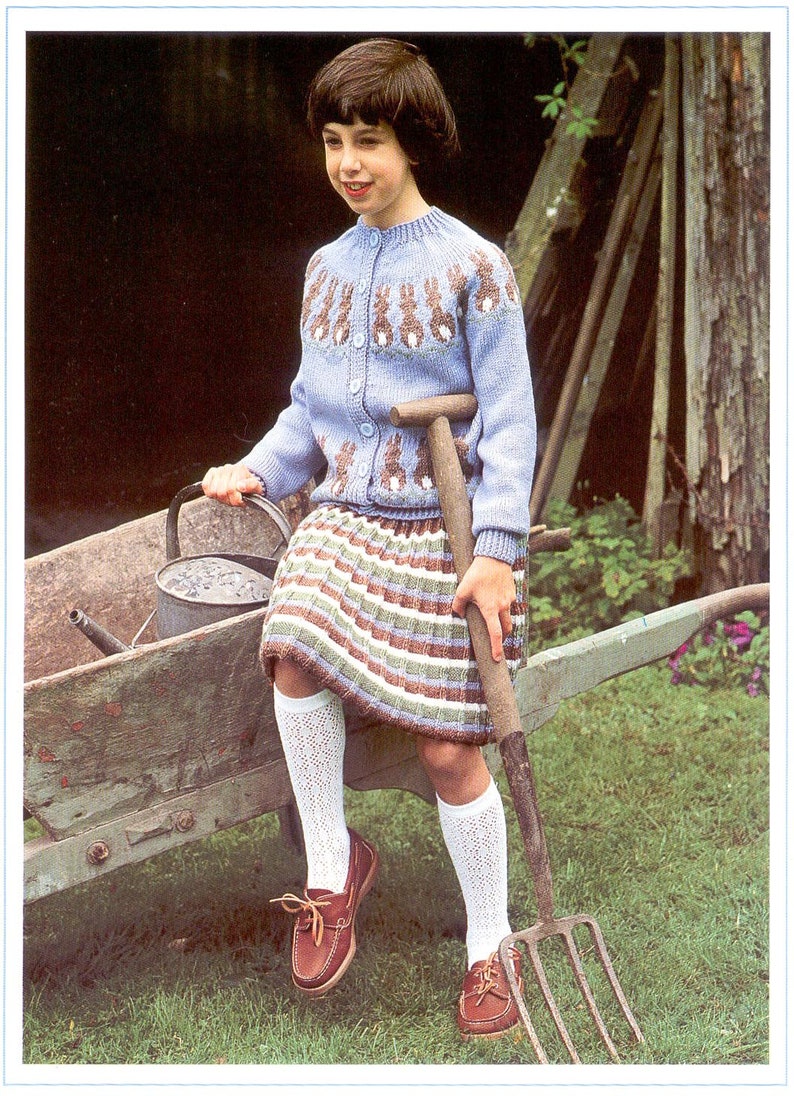 2 PDF knitting patterns Knit round-yoke intarsia cardigan & tonings striped ribbed skirt Peter Rabbit Girl teen childs jacket wool dk 80s image 2