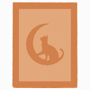 Puede incluir: Una manta de color melocotón con una silueta de gato naranja sentada en una luna creciente. La manta tiene un aspecto texturizado y un borde a rayas. El diseño del gato y la luna es en un tono naranja más oscuro.