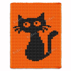 May include: Orange knitted square with a black cat silhouette. The cat has pointed ears, a tail, and is centered on the orange background. The knitted texture is visible throughout the design. The image is suitable for Halloween.