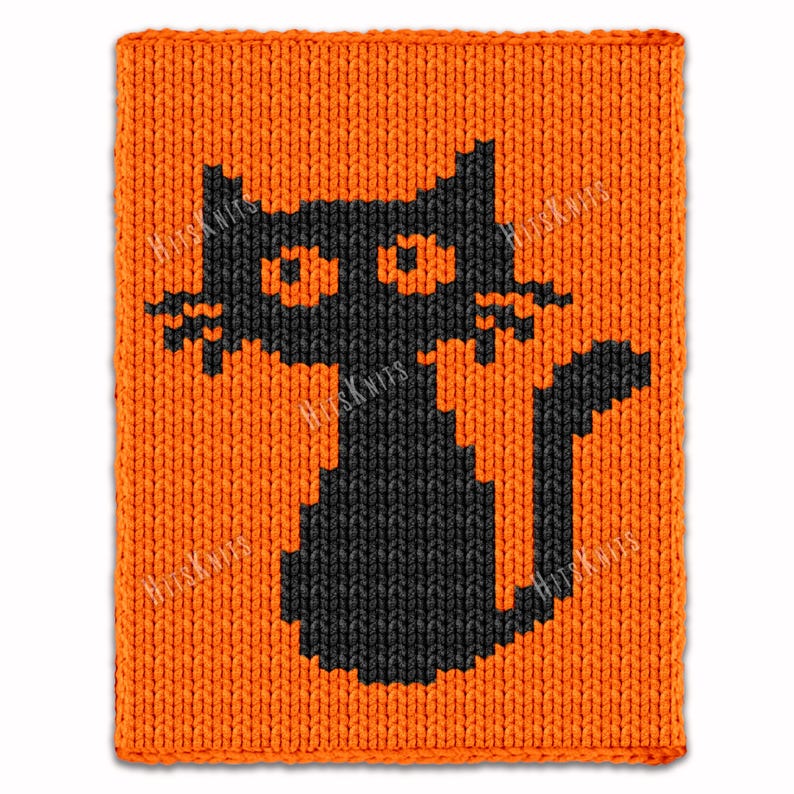 May include: Orange knitted square with a black cat silhouette. The cat has pointed ears, a tail, and is centered on the orange background. The knitted texture is visible throughout the design. The image is suitable for Halloween.