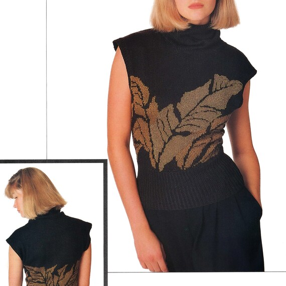 Knitting Pattern Knit Womens sleeveless top, loose turtleneck, deep rib,  palm leaf motif intarsia Vintage 80s, Summer Silk Yarn, PDF