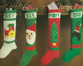 4 Christmas Family Stockings crochet pattern Baby Sister Mom Dad Xmas chimney socks decoration vintage 80s instructions PDF digital download