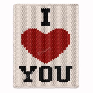 May include: A knitted square with the words "I LOVE YOU" in black block letters. A large red heart is in the center. The background is a cream color. The words "HitsKnits" are in the center of the heart.
