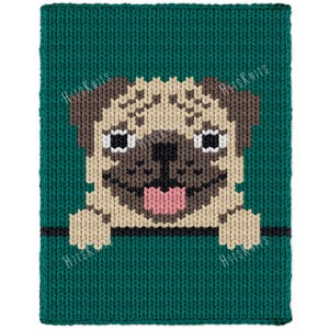 May include: A rectangular knitted textile featuring a dark teal background and a central graphic of a pug dog face. The pug is tan with dark brown ears and a dark brown muzzle, white eyes with black pupils, and a pink tongue. The text HitsKnits is visible.