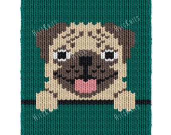 Vingerbreipatroon voor een mopshond, schattige hondendeken (31 lussen x 70 rijen), dikke deken van jumbo garen, direct te downloaden als PDF.