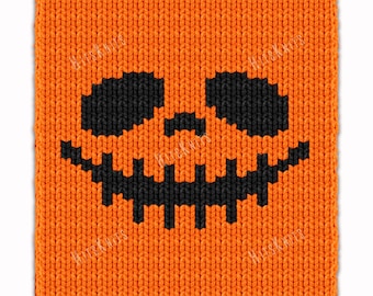 Halloween Skeleton Face - Chunky Blanket, Hand Finger Knitting Pattern - PDF Knit Orange Color work chart afghan, Super Bulky Jumbo throw