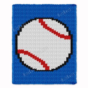 May include: A blue knitted baseball-themed item featuring a white baseball with red stitching and a black outline. The baseball is centered on the blue background. The text "HitsKnits" is visible in the corners.