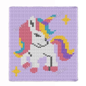 May include: A knitted square featuring a colorful unicorn design. The unicorn has a white body, pink mane, and a rainbow horn. Two yellow stars are on the lavender background. The design is made with various colors of yarn.