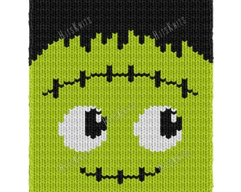 Frankenstein Halloween Blanket Pattern, Cute Green Monster Graphghan 35 loops x 85 rows, Loom Finger Knitting PDF