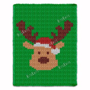 May include: A green knitted square with a pixelated reindeer design. The reindeer has brown antlers, a tan face, and a red and white Santa hat. The text "Hits Knits" is repeated on the green background.