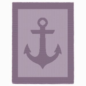 May include: A rectangular lavender blanket featuring a dark purple anchor design. The blanket has a textured appearance and a dark purple border.