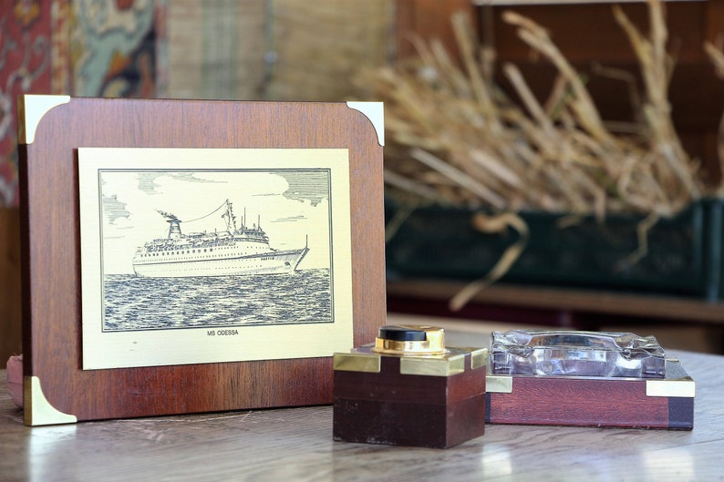 Wood smoking set Wood ashtray Table lighter Ship picture Marine gift for sailor USSR maritime art soviet vintage nautical decor sea decor