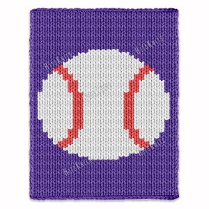 May include: A knitted baseball design on a purple background. The baseball is white with red stitching. The background is a solid purple color. The design is likely for a blanket or pillow.