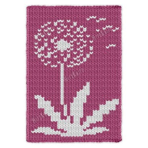May include: A knitted rectangular throw blanket in a deep pink hue. The design features a white dandelion with a detailed seed head, stem, and leaves. The seeds are depicted blowing away. The blanket is made of a soft, textured material.
