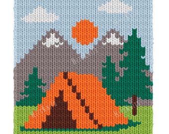Mountain Camping Finger Knitting Blanket Pattern, Nature Graphghan Throw PDF, Outdoor Colorwork Chart 33x70