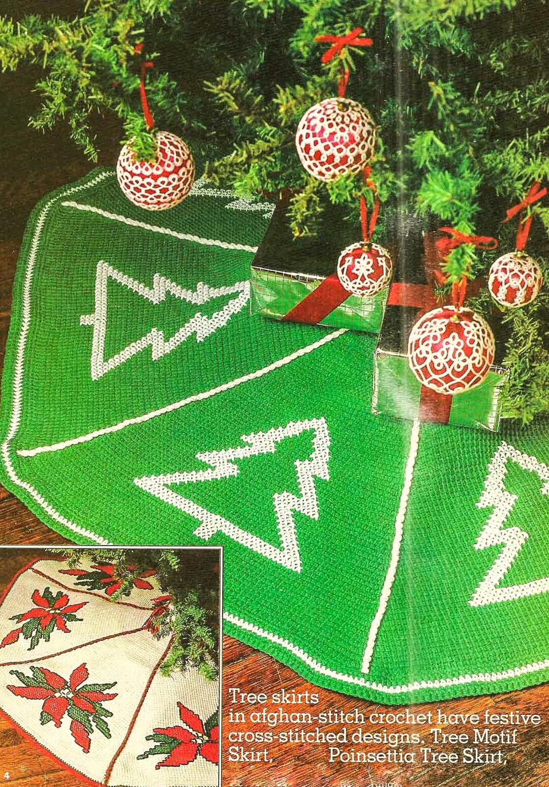 2 Christmas Tree Skirts Crochet Pattern Cross Stitched Afghan Stitch Pointsettia Motif Xmas