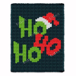 May include: A knitted Christmas-themed design with the words "HO HO HO" in green and red. The top "HO" has a Santa hat. The background is a dark teal color. The text "HITS KNITS" is repeated throughout the design.