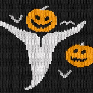 Halloween Pumpkin Ghost Knitting Chart – with pumpkin heads and flying bats - PDF Knitting Pattern, Intarsia, Fair Isle, Duplicate Stitch