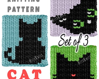 Breipatroon voor een kattenkleed, set van 3 grafiekpatronen voor jumbo garen, vinger- en breiraam voor een huisdierenkleed, direct te downloaden als PDF.