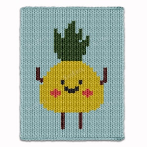 Puede incluir: Un cuadrado tejido con un personaje de piña sonriente. La piña es amarilla con una parte superior verde con hojas, brazos y piernas marrones y mejillas rosadas. El fondo es una textura de punto azul claro.