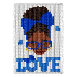 May include: A white knitted square featuring a pixelated portrait of a person with brown skin, wearing blue glasses and a blue bow. The word "DOVE" is written in blue block letters at the bottom.