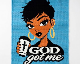 God Got Me - crochet blanket - Single Crochet pattern- Black Girl with Coffe graphghan - Tapestry Colorwork Throw