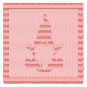 May include: A light pink knitted blanket with a gnome design. The gnome is in a lighter pink, with a pointed hat and holding two objects. The blanket has a border with a striped pattern.