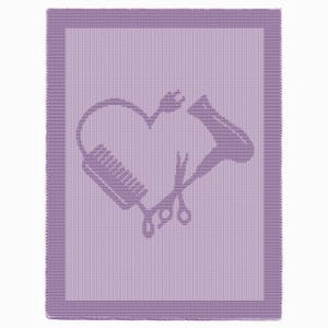 May include: A lavender-coloured rectangular throw blanket with a heart-shaped design. The heart is composed of a comb, scissors, and a hairdryer. The blanket has a striped border, suitable for a salon or spa.