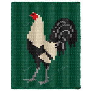 May include: A rectangular knitted textile featuring a pixelated rooster design against a solid dark green background. The rooster has a white body, black wing and tail feathers, a bright red comb, and light gray legs, all rendered in knit stitches.