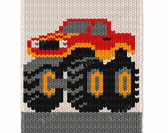 Monster jam truck Chunky Blanket - Hand Finger Knitting Pattern - Off-road stunt truck motif Knit Kids afghan Bulky Jumbo 7 yarn throw