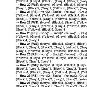 May include: A detailed crochet pattern chart with multiple rows of instructions. The text uses abbreviations and color codes like Ivory, Black, Gray, and Yellow. The pattern is likely for a textured fabric or design.