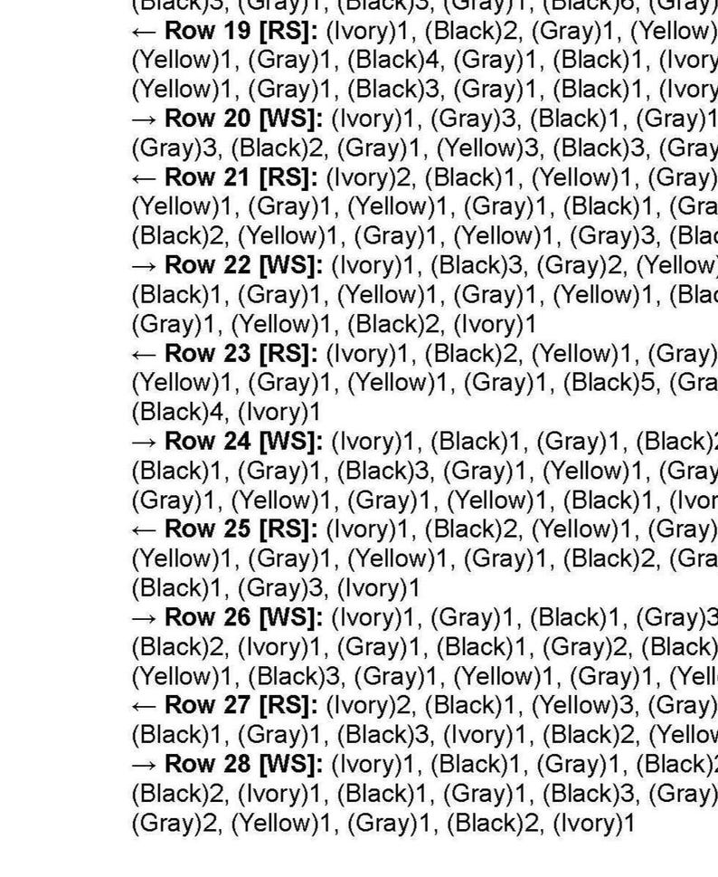 May include: A detailed crochet pattern chart with multiple rows of instructions. The text uses abbreviations and color codes like Ivory, Black, Gray, and Yellow. The pattern is likely for a textured fabric or design.