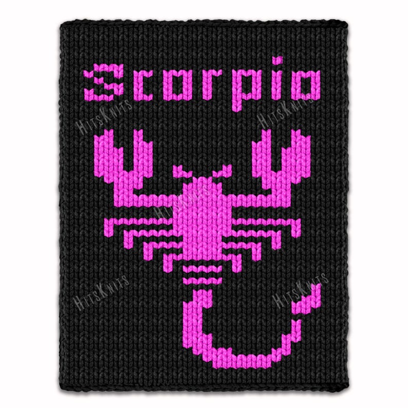 May include: A black knitted fabric square featuring a bright pink pixelated scorpion graphic centered below the text "Scorpio" in a matching pink pixelated font. The design is integrated into the knit texture of the black material.
