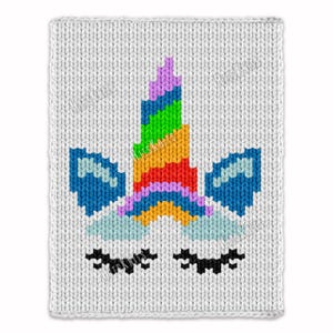 May include: A white knitted fabric with a colorful unicorn design. The unicorn features a rainbow horn, blue ears, and black eyelashes. The design is centered on the fabric, creating a whimsical and playful aesthetic.