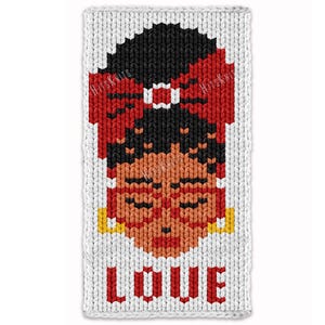 May include: A knitted rectangular design featuring a stylized face with black hair, red bow, and glasses. The word "LOVE" is displayed in red block letters at the bottom. The background is white with a knitted texture.