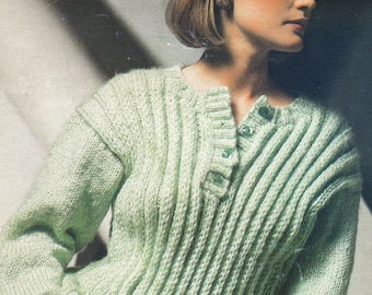 Knit ribbed sweater PDF knitting pattern henley split neck pullover 12 ply womens jumper winter warm bulky fashion 80s easy fast to make