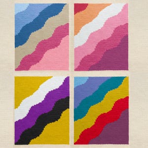 May include: A woven wall hanging with four squares, each featuring a different colour scheme of wavy lines. The colours include blue, beige, pink, purple, teal, yellow, white, black, and red.