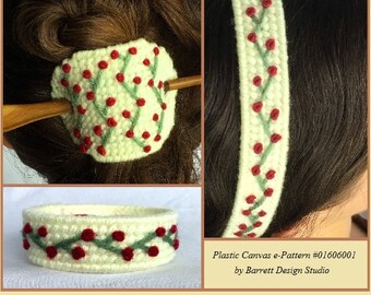 Plastic Canvas e-Pattern Book Instant Download PDF Rosebud Headband Barrette Hair Tie Bracelet Cuff Barrett Design Studio