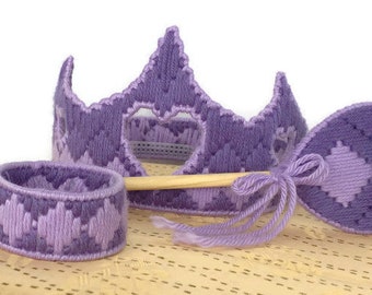 Plastic Canvas Pattern PDF Princess Crown Purple Dressup Kids Play Queen Royal Magic Wand Scepter Bracelet Instant Download e-pattern