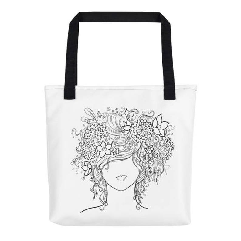 Bloemenmeisje Kleurplaten Voor Volwassenen Line Art Tote Tas Etsy