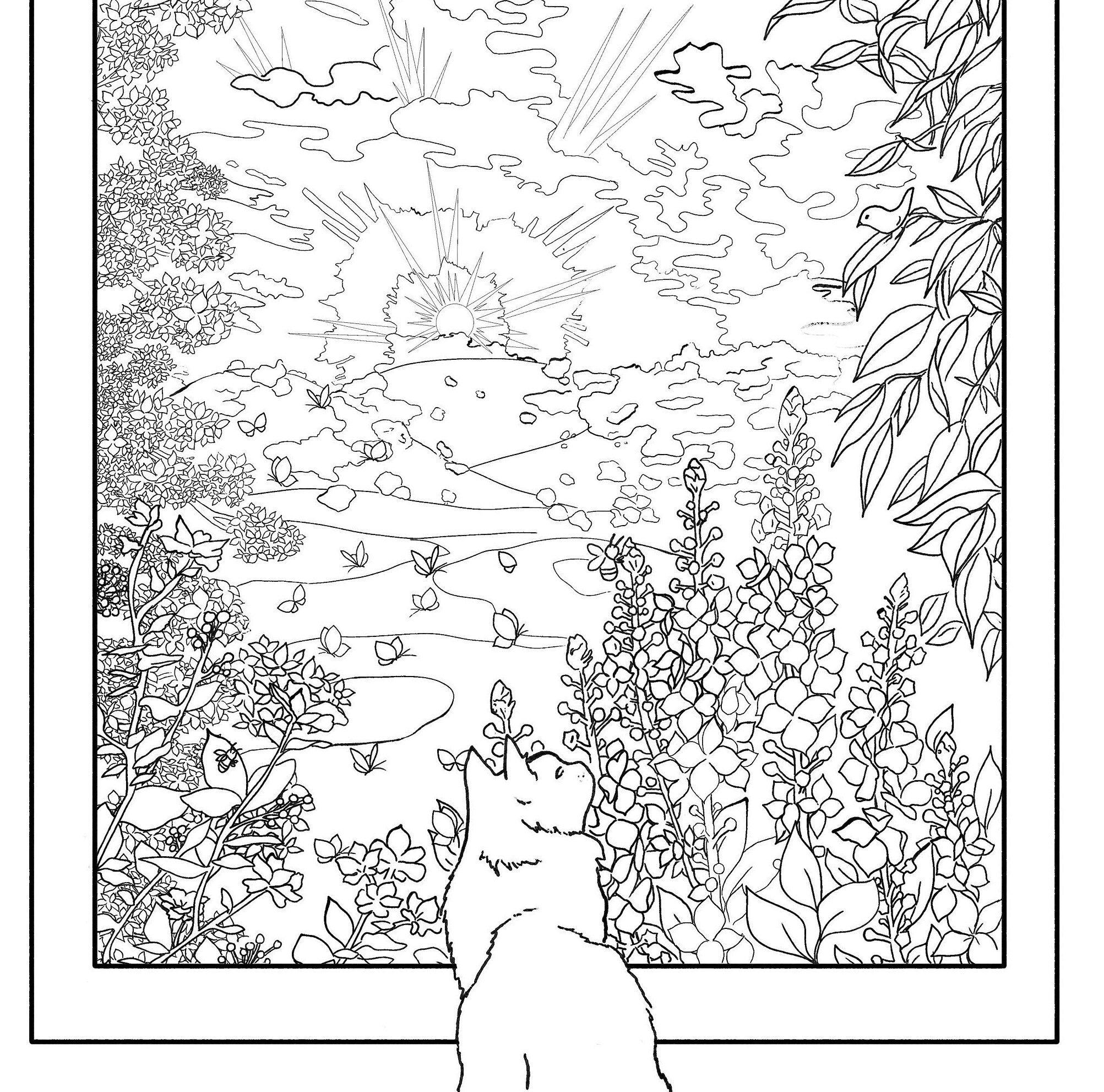 Cat Looking Out Window Floral Coloring Pages for Adults | Etsy