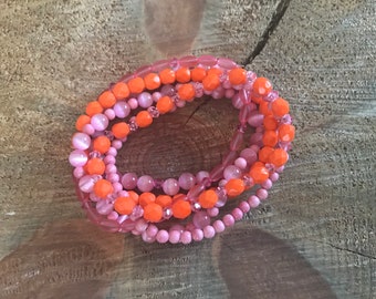 Pink + Orange Beaded Bracelet Stack ~ Cat Eye ~ Fiber Optic ~ Glass ~ Swarovski Crystal ~ Stretch Bracelet ~ Stacking Bracelet ~ Layering