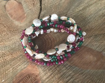 Gemstone Bracelet Stack ~ Ruby Zoisite Jade ~ Jade ~ Freshwater Pearl Coin ~ Layering Bracelets ~ Stretch Bracelets ~ Stackable Bracelets