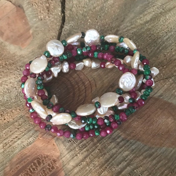 Gemstone Bracelet Stack ~ Ruby Zoisite Jade ~ Jade ~ Freshwater Pearl Coin ~ Layering Bracelets ~ Stretch Bracelets ~ Stackable Bracelets