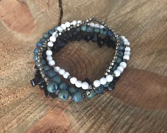 Gemstone Bracelet Stack ~ Hematite ~ Agate Druzy ~ Howlite ~ Blue Goldstone ~ Quartz Druzy ~ Stretch Bracelet ~ Stackable ~ Layering