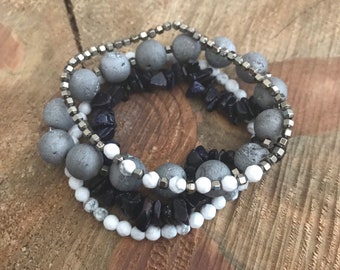 Gemstone Bracelet Stack ~ Hematite ~ Howlite ~ Agate Druzy ~ Blue Goldstone ~ Quartz Druzy ~ Stretch Bracelet ~ Stackable ~ Layering