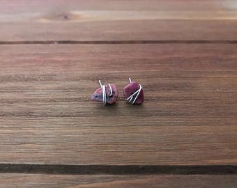 Rhodochrosite Wrapped Stud Earrings ~ Sterling Silver ~ Gemstone Studs ~ Pink Gemstone ~ Minimalist Earrings ~ Minimalist Jewelry